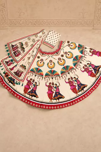 cream navratri printed cotton lehenga choli