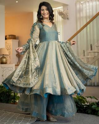 Teal silk blend embroidered palazzo set 1