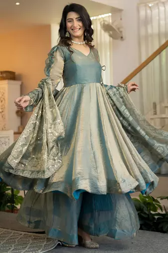 Teal silk blend embroidered palazzo set