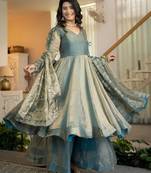Teal silk blend embroidered palazzo set