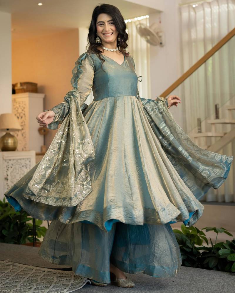 Teal silk blend embroidered palazzo set