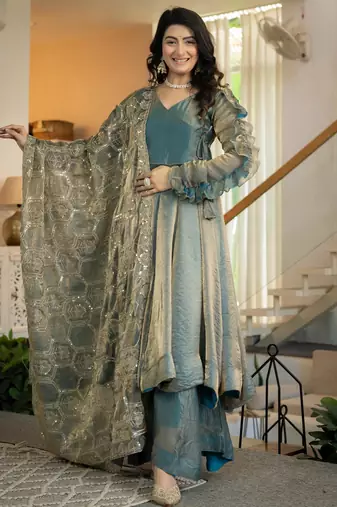 Teal silk blend embroidered palazzo set
