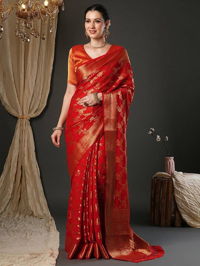 red woven design zari georgette kanjeevaram saree