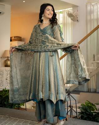 Teal silk blend embroidered palazzo set 3