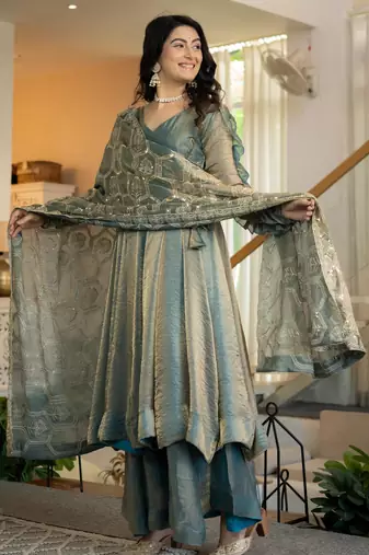 Teal silk blend embroidered palazzo set