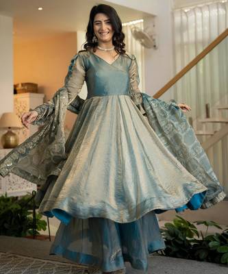 Teal silk blend embroidered palazzo set 4