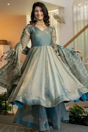 Teal silk blend embroidered palazzo set
