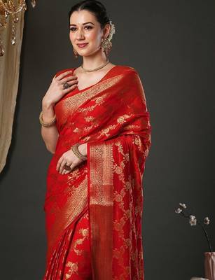 red woven design zari georgette kanjeevaram saree 4