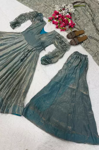 Teal silk blend embroidered palazzo set