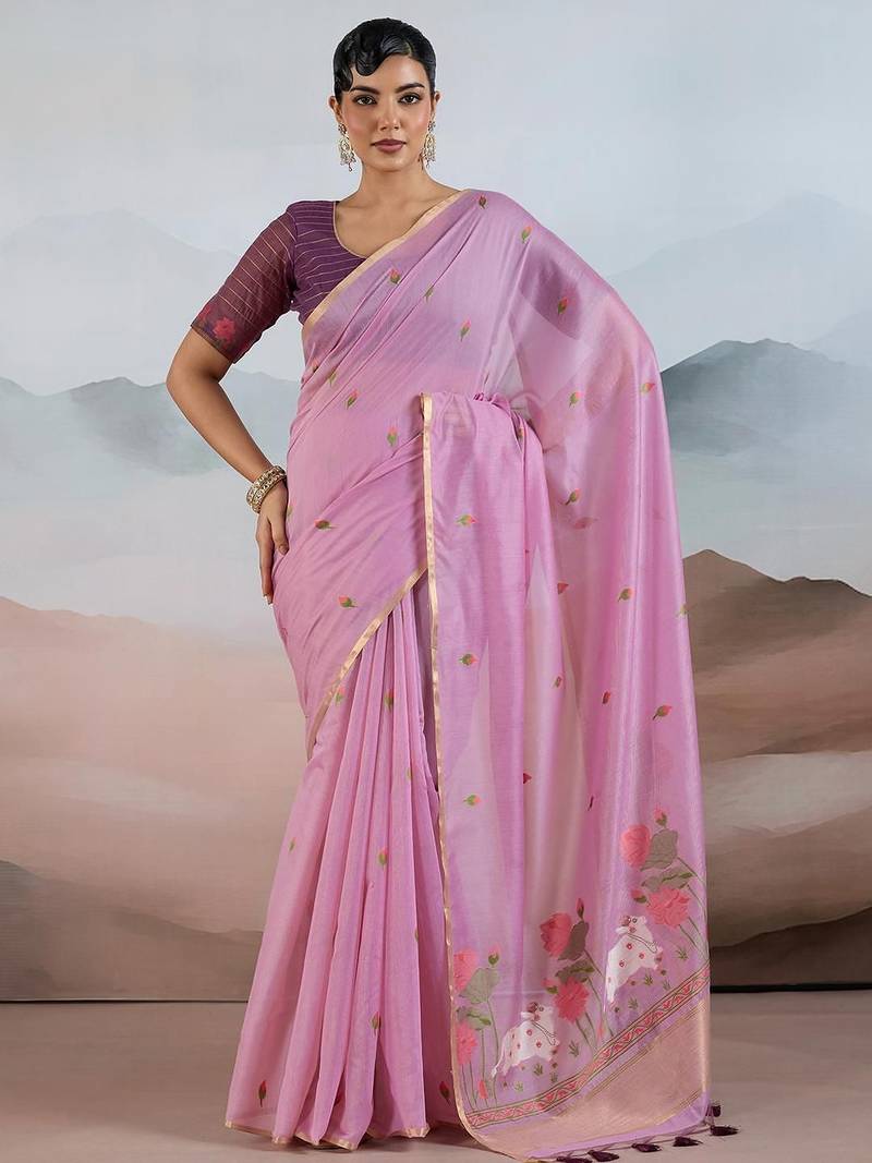 pink cotton blend chanderi sarees