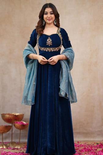 Dark-blue silk blend embroidered anarkali set