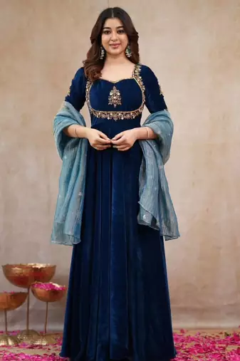 Dark-blue silk blend embroidered anarkali set