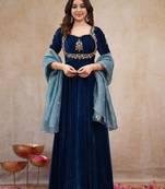 Dark-blue silk blend embroidered anarkali set
