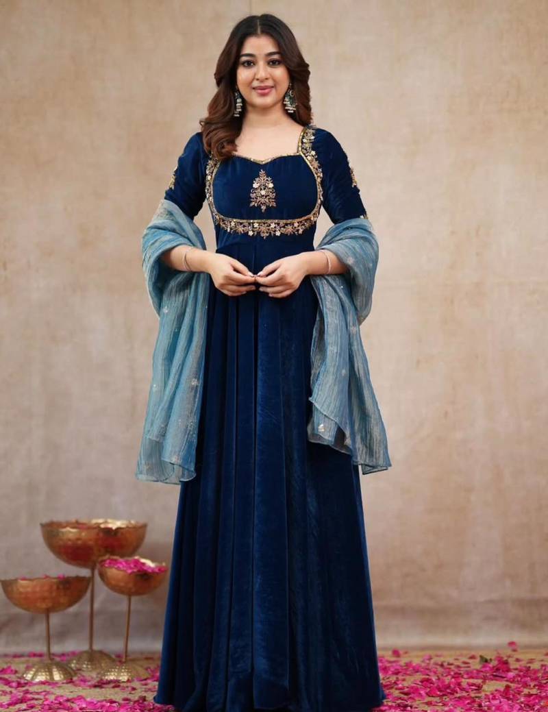 Dark-blue silk blend embroidered anarkali set