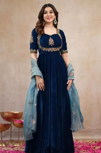 Dark-blue silk blend embroidered anarkali set