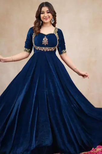 Dark-blue silk blend embroidered anarkali set