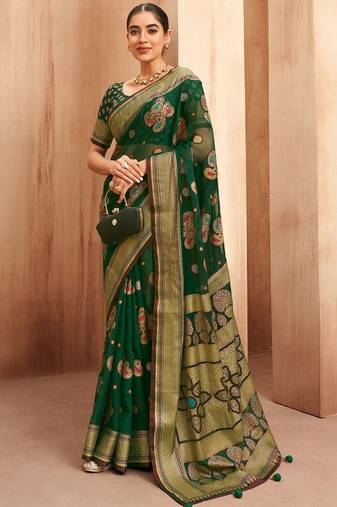 green woven design zari poly georgette saree