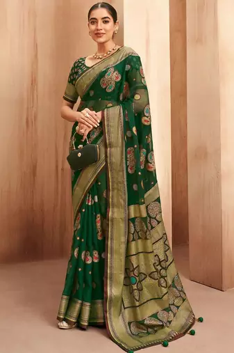 green woven design zari poly georgette saree