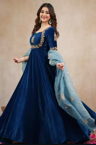 Dark-blue silk blend embroidered anarkali set