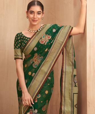 green woven design zari poly georgette saree 2