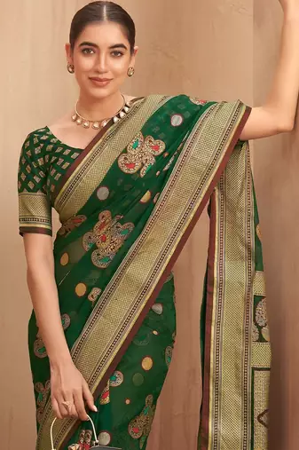 green woven design zari poly georgette saree