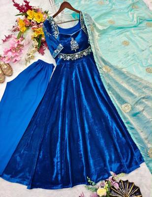 Dark-blue silk blend embroidered anarkali set 5