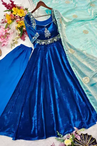 Dark-blue silk blend embroidered anarkali set