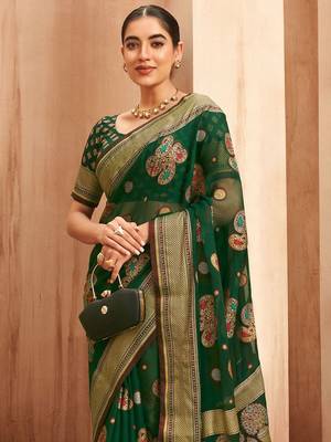 green woven design zari poly georgette saree 3