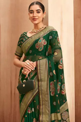 green woven design zari poly georgette saree