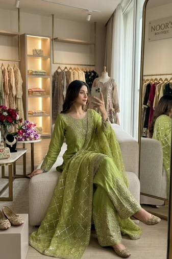 Light-green silk blend embroidered sharara set