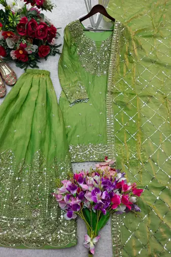Light-green silk blend embroidered sharara set