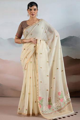 off white off white cotton blend chanderi sarees