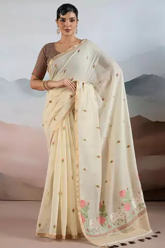off white off white cotton blend chanderi sarees