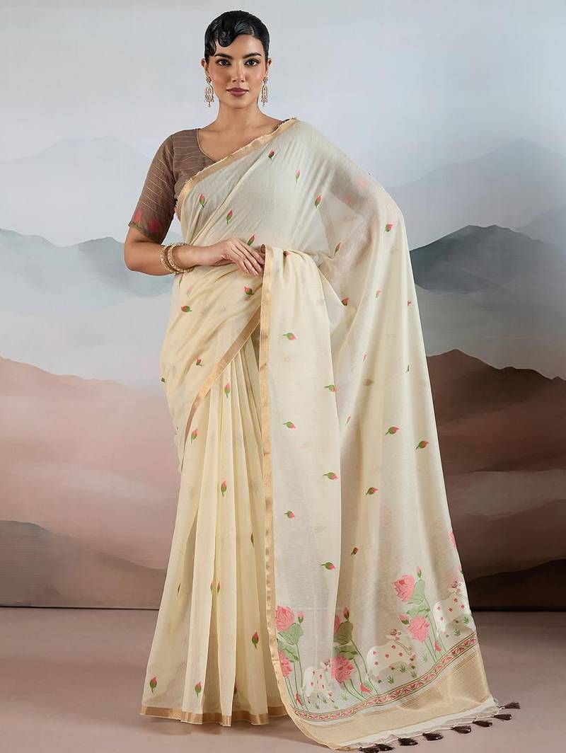 off white off white cotton blend chanderi sarees