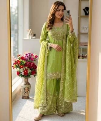 Light-green silk blend embroidered sharara set 3