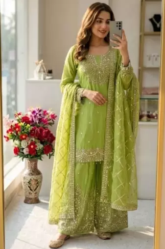 Light-green silk blend embroidered sharara set