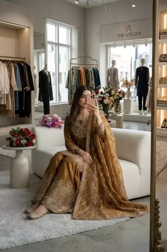 Gold silk blend embroidered sharara set