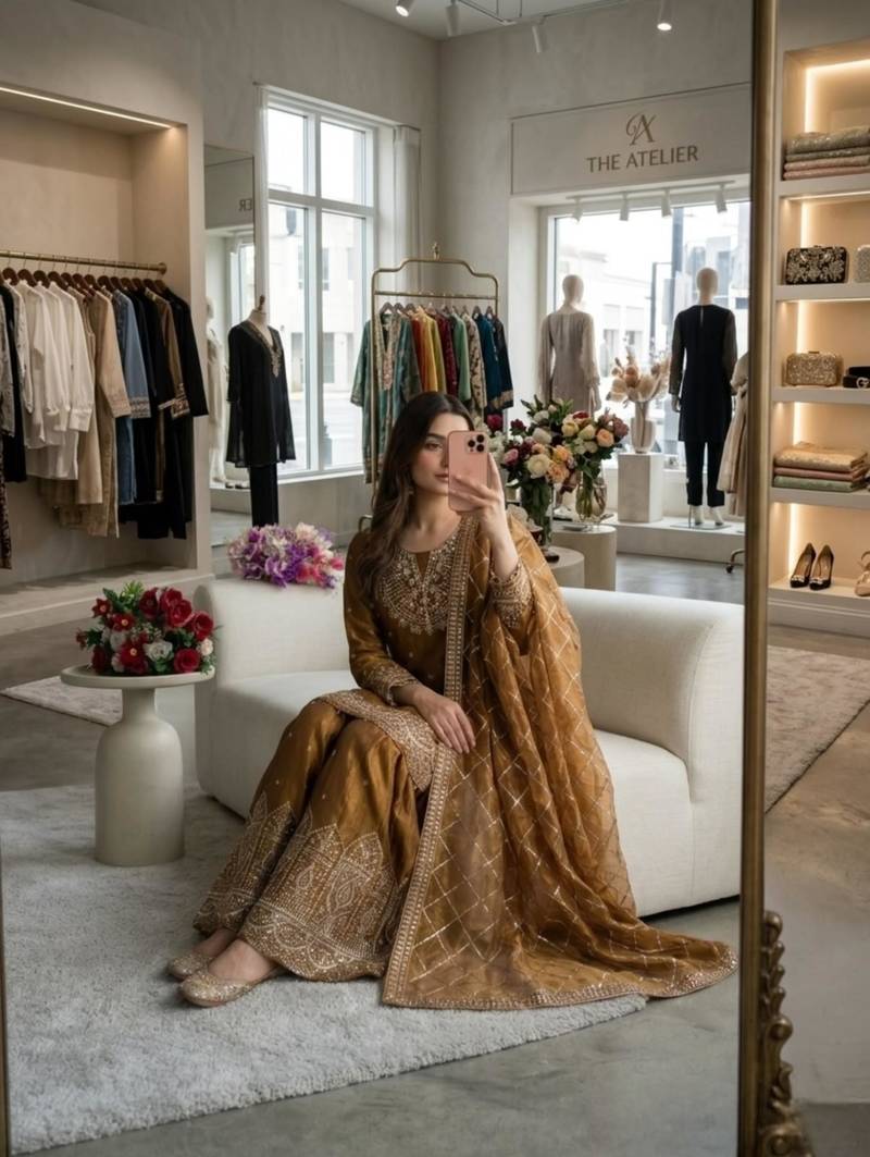 Gold silk blend embroidered sharara set