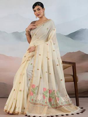 off white off white cotton blend chanderi sarees 4