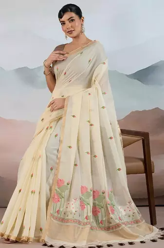 off white off white cotton blend chanderi sarees