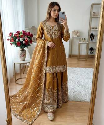 Gold silk blend embroidered sharara set 2