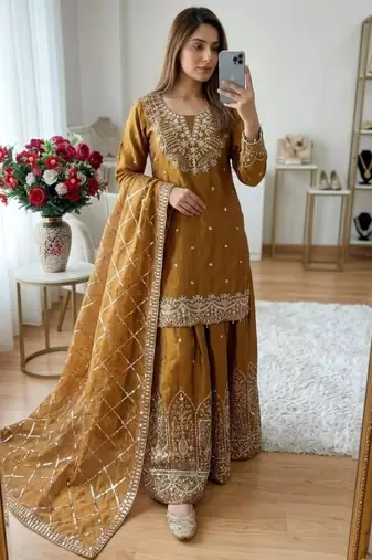Gold silk blend embroidered sharara set