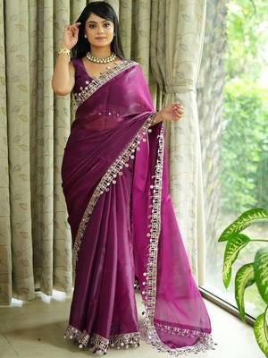 Burgundy tissue mirror work border saree 1