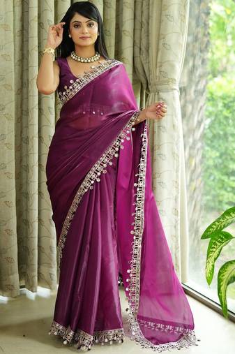 Burgundy tissue mirror work border saree