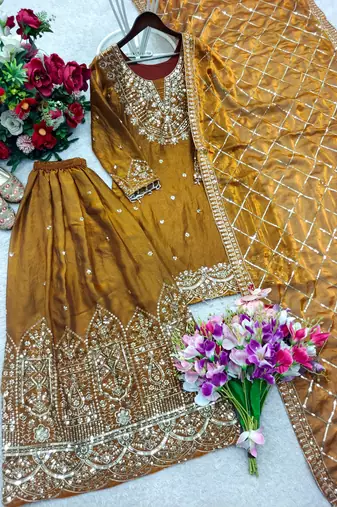 Gold silk blend embroidered sharara set