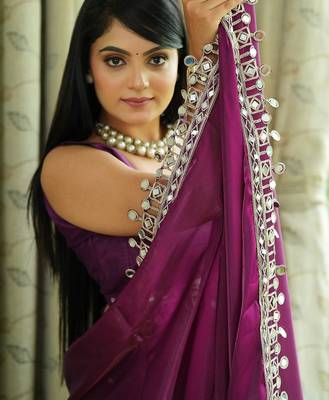 Burgundy tissue mirror work border saree 2