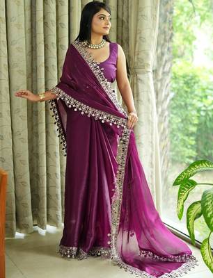 Burgundy tissue mirror work border saree 3