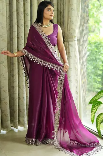 Burgundy tissue mirror work border saree