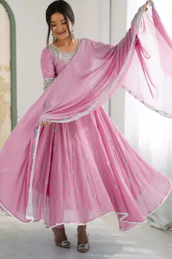 Pink faux georgette embroidered flared gown set