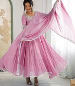 Pink faux georgette embroidered flared gown set